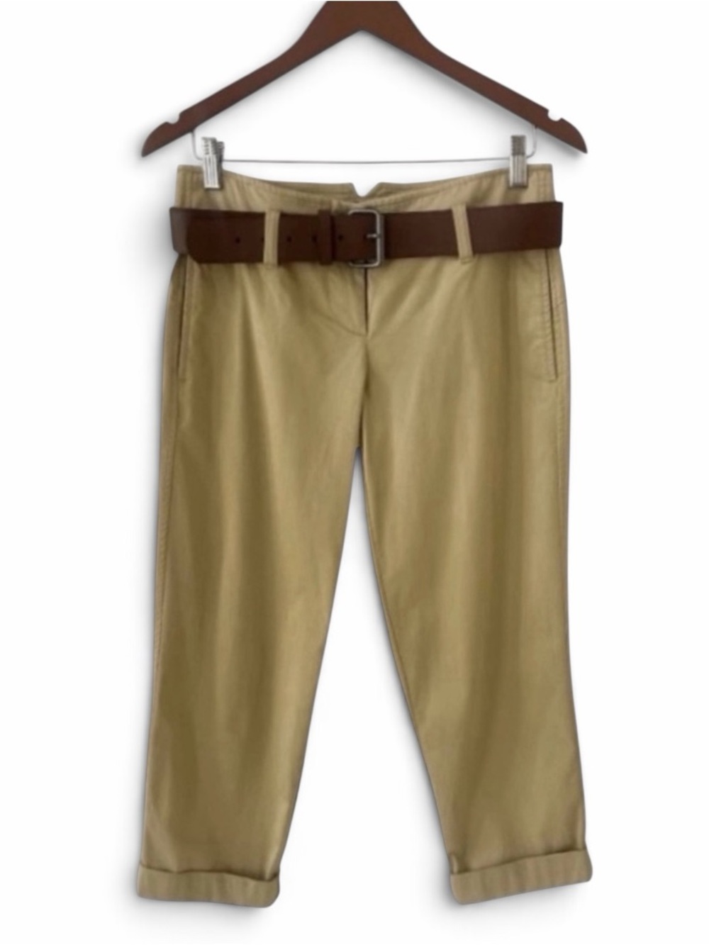 Theory Tan Cotton Blend Cropped Pants with Brown Belt Size 2